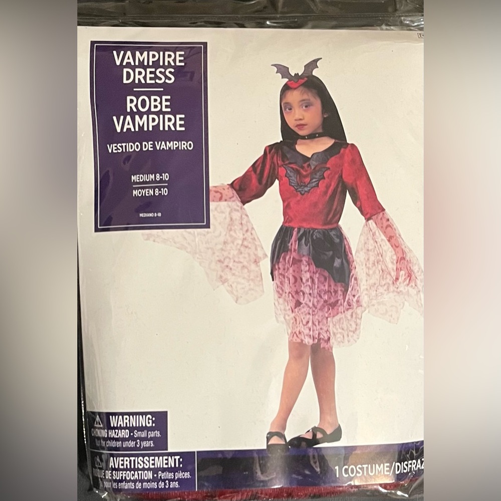 Vampire Halloween Costume Robe Dress/Headband Girls Medium 6-8 NEW